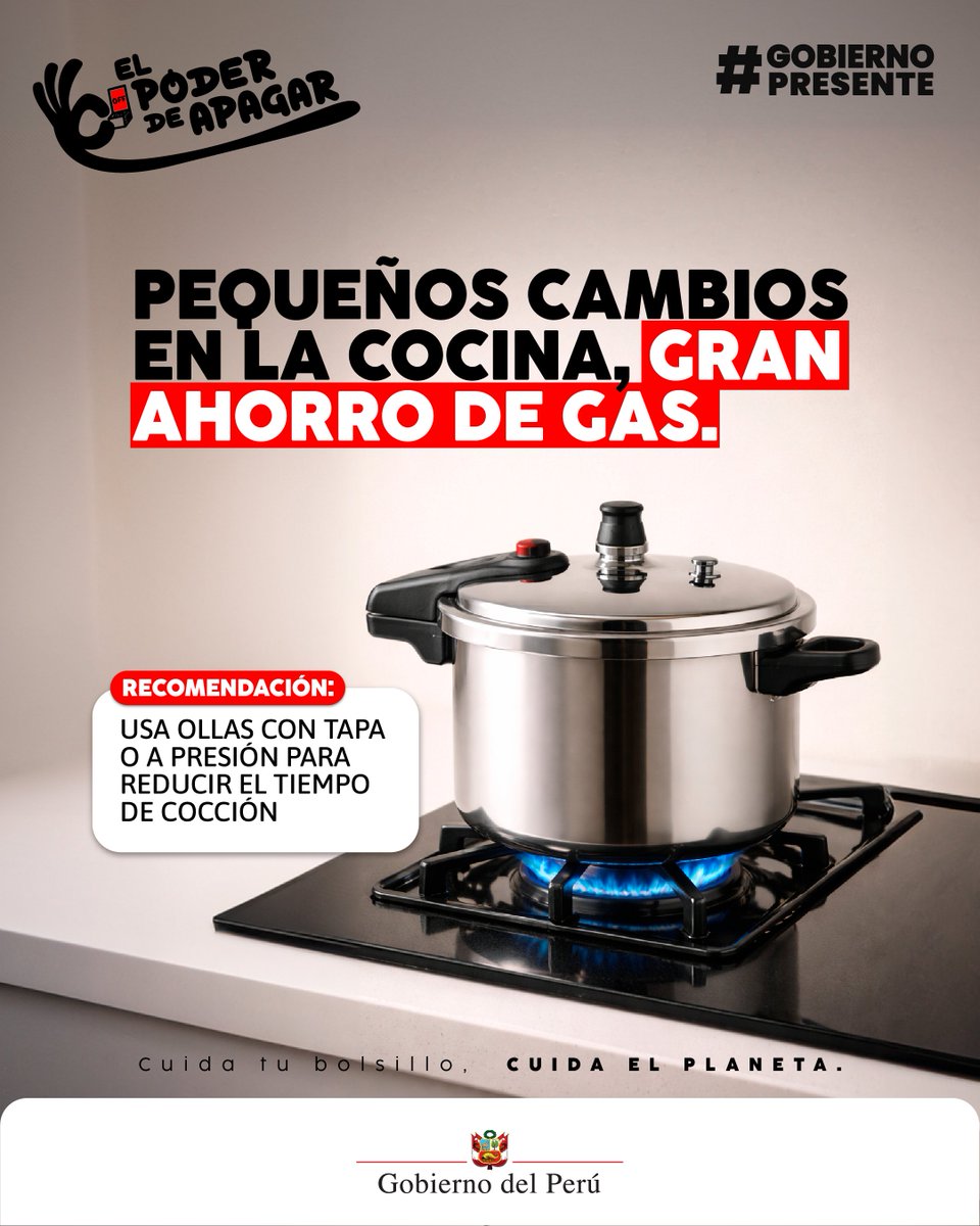 MinamPeru's tweet photo. Ahorrar gas en casa empieza con pequeños hábitos. 🔵🔥
Cocina con tapa, usa ollas del tamaño de la hornilla y ajusta la llama a un color azul para aprovechar mejor el calor. Pequeñas acciones que ayudan a tu economía y al cuidado de la energía. #ElPoderDeApagar #GobiernoPresente