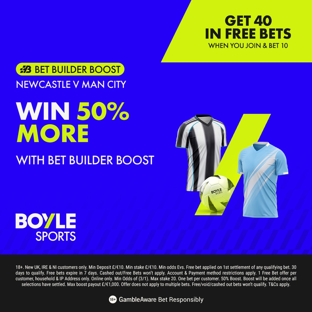 DeadlineDayLive's tweet photo. 🚨⚡ Newcastle-Man City with BOYLE Sports 🔥

OFFER: BET £10 GET £40 IN FREE BETS &amp; 50% MORE WITH BET BUILDER BOOST. ⚽

Claim on BOYLE Sports HERE 👉 https://t.co/t9DiVaDOUj

#Ad | 18+ | New Customer Offer | T&amp;C’s Apply | https://t.co/veYXnjO6nK | BET Responsibly https://t.co/EAjO11A94t