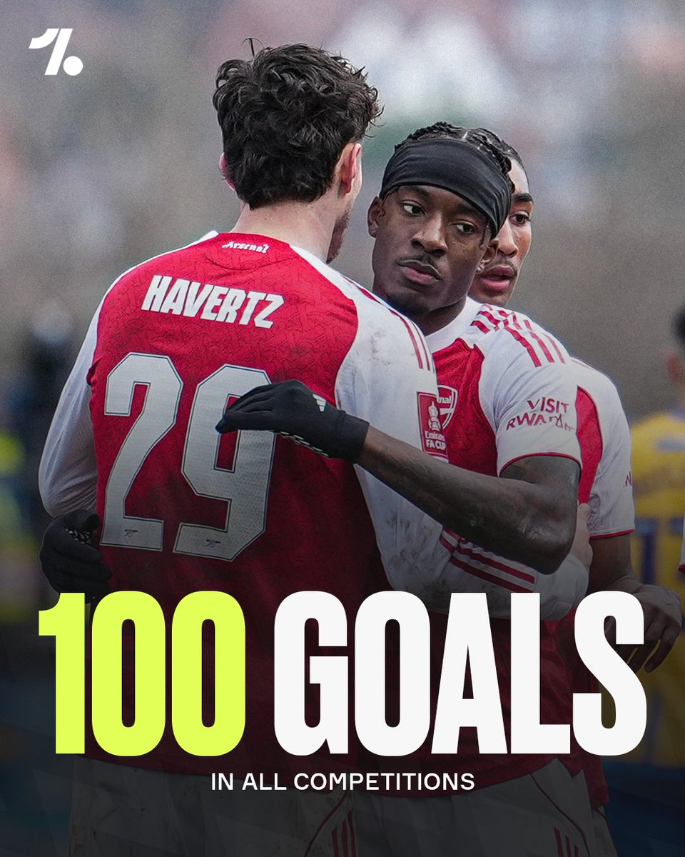OneFootball's tweet image. Arsenal have now scored 100 goals in all competitions this season, becoming the third team in Europe to do so behind Bayern Munich and Barcelona ⚽️✨