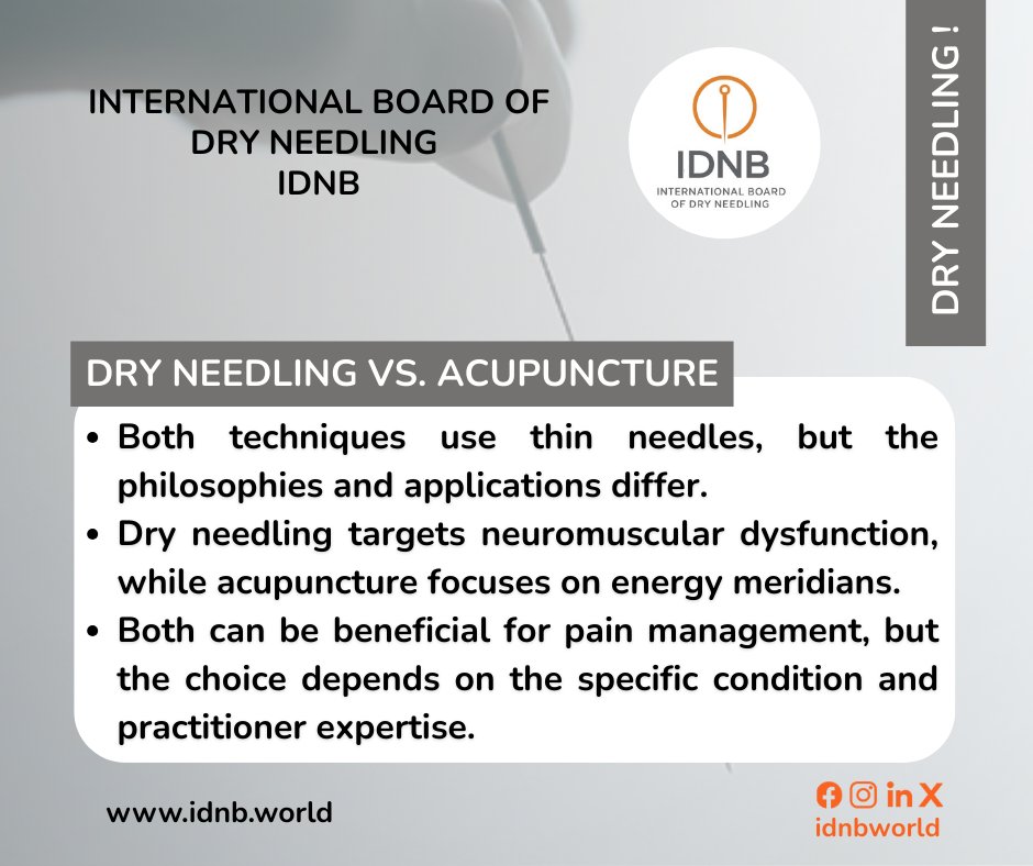 idnbworld's tweet photo. Understanding the difference between Dry Needling and Acupuncture is essential for both clinicians and patients. While both techniques use thin needles, they are based on different clinical philosophies and therapeutic approaches.

#DryNeedling #Acupuncture #ipt_alliance https://t.co/rUM2tjyy8O
