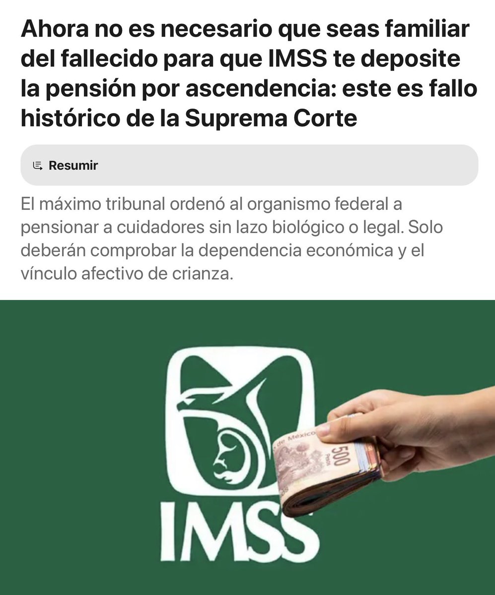 JoseMarioMX's tweet photo. Durante años la regla fue brutalmente simple: si un trabajador del IMSS moría, la pensión sólo podía ir a ciertas personas: cónyuge, hijos o, en algunos casos, padre o madre. Nadie más. Así de rígido. Aunque en la vida real hubiera alguien que lo hubiera criado, vivido con él décadas o dependido económicamente de él.

Eso le pasó a una mujer que había criado a su sobrino desde niño. Vivieron juntos más de 40 años. Él trabajó, cotizó y fue quien la sostuvo económicamente. Cuando él murió, ella pidió la pensión. La respuesta del sistema fue fría: usted es tía, no madre. La ley no la reconoce. Caso cerrado.

La @SCJN vio algo que el sistema no quiso ver: la realidad. Dijo que excluir automáticamente a alguien que sí dependía económicamente del trabajador sólo porque no es “ascendiente en línea recta” puede ser discriminatorio. No abrió la puerta a que cualquiera cobre una pensión. Pero sí dejó un mensaje fuerte: la seguridad social no puede ignorar a la familia real cuando de verdad hay dependencia y cuidado.

https://t.co/K1LBQjDBle