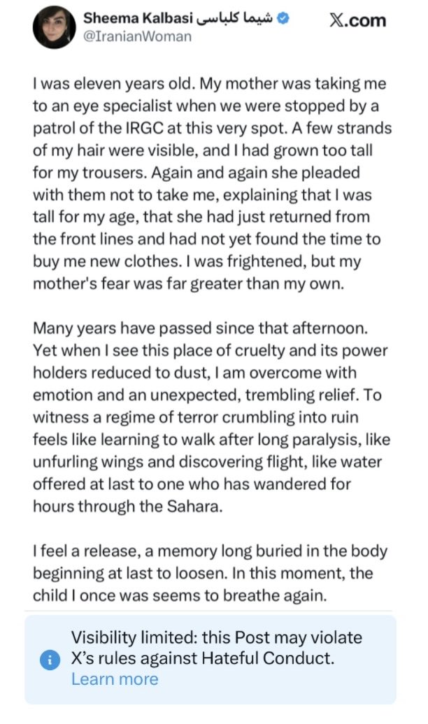 A post I wrote about my experience with the IRGC when I was eleven has now been restricted for allegedly violating X's rules. Diaspora voices are being targeted by Islamic Republic apologists and sympathizers for echoing the demands of those living under the Islamic Republic. <a href="/X/">X</a>,