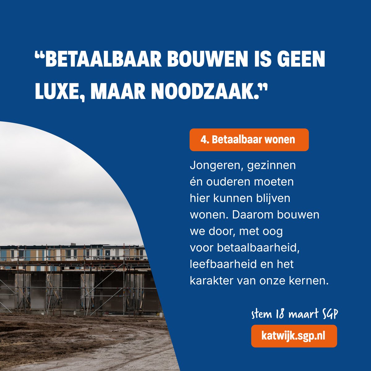 sgpkatwijk's tweet photo. De komende weken presenteren we onze 10 speerpunten. Vandaag speerpunt 4: SGP Katwijk zet zich in voor betaalbare woningen voor jong en oud. https://t.co/v5aVMHdMke