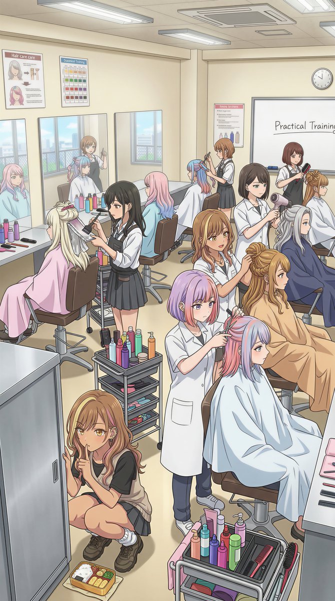 #STEALTH隠れる美学展

『木を隠すなら森の中。
　ギャルを隠すなら、ギャルの中。』

ドライヤーの音、飛び交う話し声。
情報量だらけの美容実習室は、
気配を消すのに最高の環境です。

先生の目を盗んで、
ロッカーの裏でこっそり早弁ミッション決行中🤫🍱

奥の席で真面目に実習受けてる