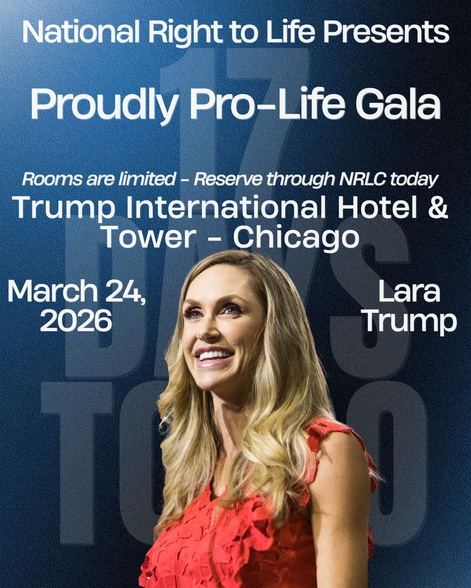 nrlc's tweet photo. The National Right to Life Pro-Life Gala with Lara Trump in Chicago is less than 18 days away. Our NRLC room block at the Trump International Hotel & Tower is still open at $325 per room plus tax, but rooms are limited. When the block closes, it closes.
If you plan to join us, secure your ticket and reserve your room through National Right to Life today at https://t.co/C5CWUG7dQS  Stand with us for every child and every mother, in the heart of Chicago, on March 24.