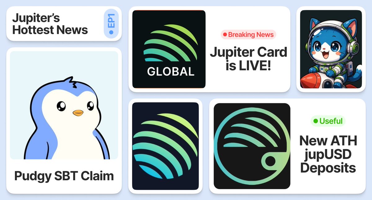 🔴 All latest <a href="/JupiterExchange/">Jupiter</a> updates 👇

1 | <a href="/pudgypenguins/">Pudgy Penguins</a> x <a href="/jup_mobile/">Jupiter Mobile</a>
Pudgy SBT is available to claim for a limited time. Just do any swap inside the wallet until March 20.

2 | <a href="/JupGlobal/">Jupiter Global</a> kick off
Jupiter released Jupiter Card, an in-wallet Visa card for daily spending and