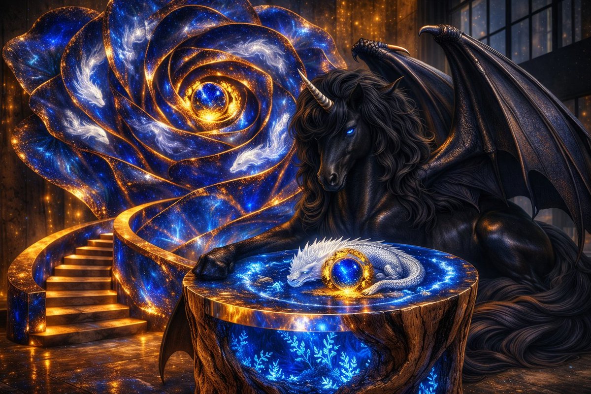 DarleyLance's tweet image. Rose lit spiral Worlds unfold a Dragon sleeps in Blue an Gold Its breath a gate its Gem a key to realms beyond what eyes can see The Pegasus guards with silent grace horn aglow in timeless place Palace Blooms where Dreams ignite a #jewel of thought a Souls true light #vss365