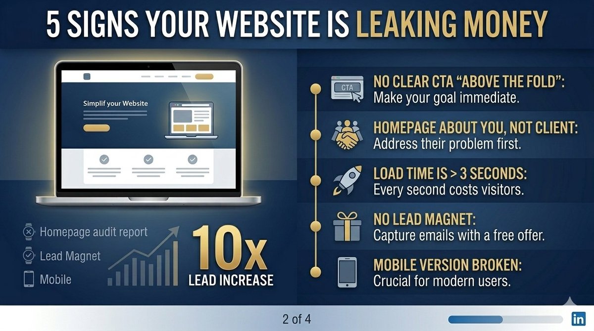 Azeemdeveloperr's tweet photo. "Your website is getting visitors but zero leads"
Your website is getting visitors but zero leads. Most business websites are digital brochures. LOOK good. But don't SELL. your website is leaking money right now:  Want me to review your website for FREE? Comment "WEBSITE" 👇 https://t.co/dvjEeSITVB