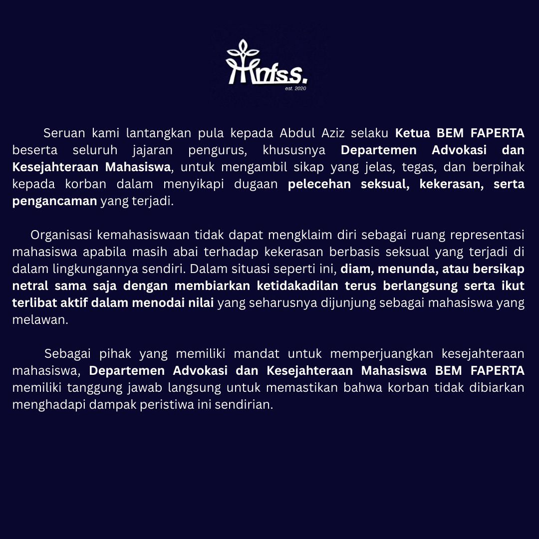 ipb_menfess's tweet photo. ⚠️‼️ALERT‼️⚠️
Trigger Warning : Sexual Assault / Violence

Panggilan Terbuka kepada Ketua BEM FAPERTA Abdul Aziz beserta jajaran Badan Pengurus Harian #RintikAsa atas komitmen untuk mengawal kasus yang terjadi serta terlibat aktif dalam melindungi hak korban https://t.co/UBzeo5c74z