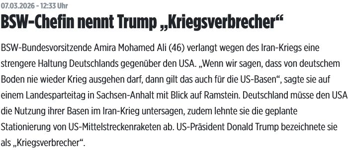 BSW-Vorsitzende <a href="/Amira_M_Ali/">Amira Mohamed Ali</a> wähnt überall Kriegsverbrecher. Israelische Verteidigungskräfte sowieso, und <a href="/realDonaldTrump/">Donald J. Trump</a> jetzt auch

Bei iranischem Terrorregime+seinen Handlangern, die Millionen ihrer Freiheit berauben, foltern, massakrieren, die ganze Welt mit Gewalt,