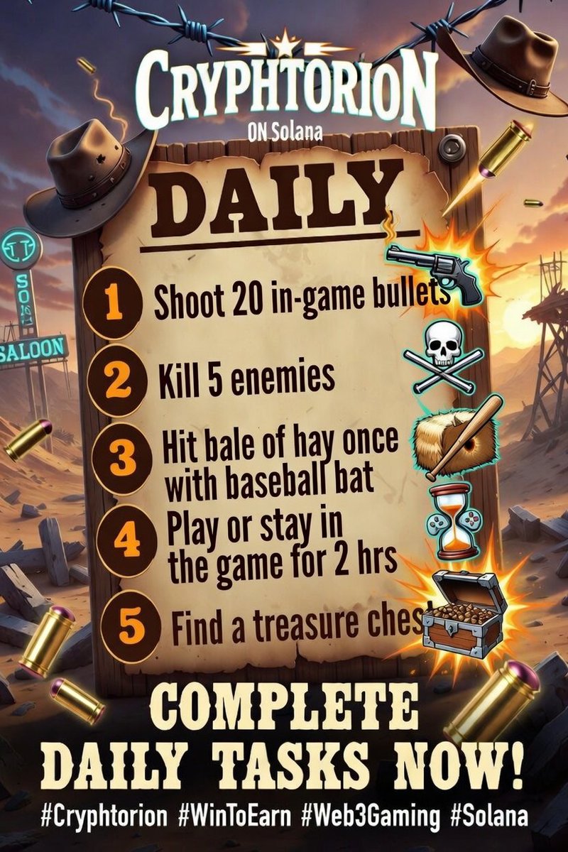 Cryphtorion's tweet photo. 🚨 DAILY GRIND
 **RIGHT NOW** – DON'T SLEEP ON THESE GAINS! 🩸💎💥

BLAST 20 BULLETS • WIPE 5 ENEMIES • SMASH HAY BALE • SURVIVE 2HRS • SNAG TREASURE CHEST

COMPLETE → **STACK GEMS IMMEDIATELY** → EXTRA HP BARS → **DOMINATE LB** 

RUSH THE DAILIES BEFORE THEY RESET! Pure skill. Real rewards. **JUMP IN NOW** ⏰

https://t.co/awohEmohyg

#Cryphtorion #WinToEarn #BulletWars #SolanaGaming #Web3Gaming