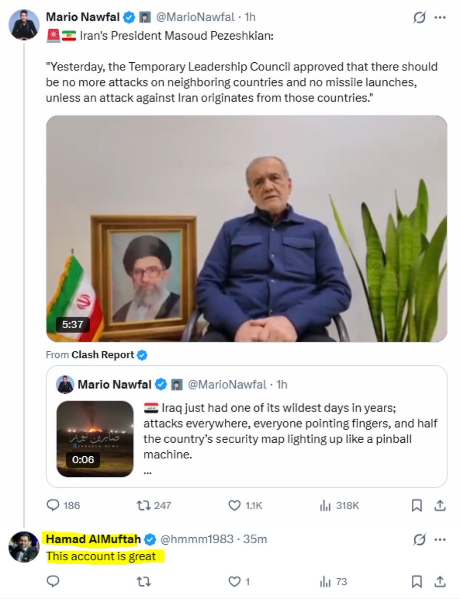 Hamad AlMuftah, the Deputy Chief of Mission at the Qatari Embassy in D.C., says <a href="/MarioNawfal/">Mario Nawfal</a>’s account is great on a post that is nothing more than pro-Iran propaganda. 

Mario uses his account to push a lot of Islamic propaganda and he’s been doing it nonstop since October 7th.
