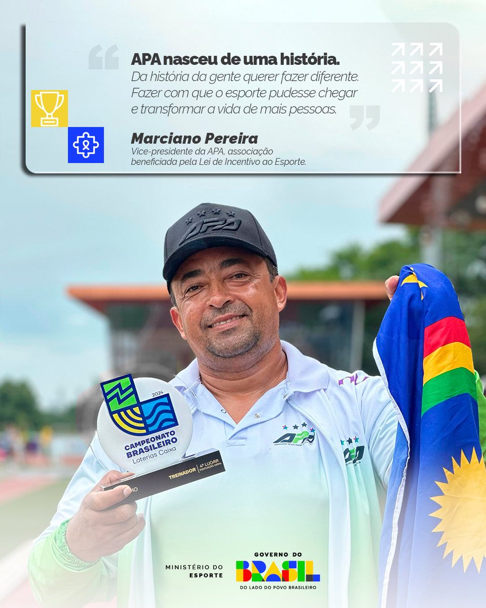 EsporteGovBR's tweet image. O esporte nasce de quem acredita e faz acontecer. 💙

Para Marciano Pereira, vice-presidente da APA, a missão é clara: transformar vidas e ampliar oportunidades por meio do esporte.

Com apoio da Lei de Incentivo ao Esporte, esse trabalho segue abrindo caminhos. 🏆

#LIE