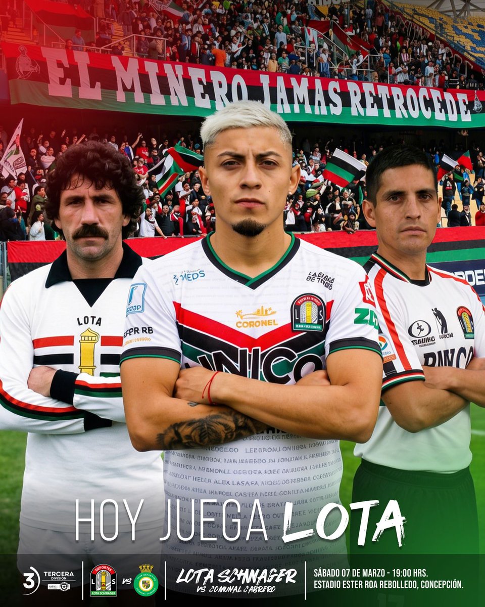 LotaSchwager_cl's tweet photo. ¡Hoy juegan los mineros del carbón! 
Así como en 1986 y 2006, hoy tenemos una cita con la historia 
Lota Schwager se enfrenta con Comunal Cabrero por el último ascenso al fútbol profesional 
¡Nos vemos en el Ester Roa, pueblo minero! https://t.co/pczAGfB1ib