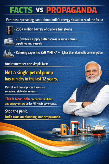 ddnewsagartala's tweet image. #MythvsFact
গুজব বনাম সত্যতা:
⛽🇮🇳 জ্বালানির ঘাটতি নিয়ে যে গুজব ছড়ানো হচ্ছে, তা সম্পূর্ণ ভিত্তিহীন। ভারতে পেট্রোল ও ডিজেলের পর্যাপ্ত মজুত রয়েছে এবং সরবরাহ ও বিতরণ ব্যবস্থাও স্বাভাবিকভাবে চলছে।✅
@PetroleumMin  
@DDNewslive