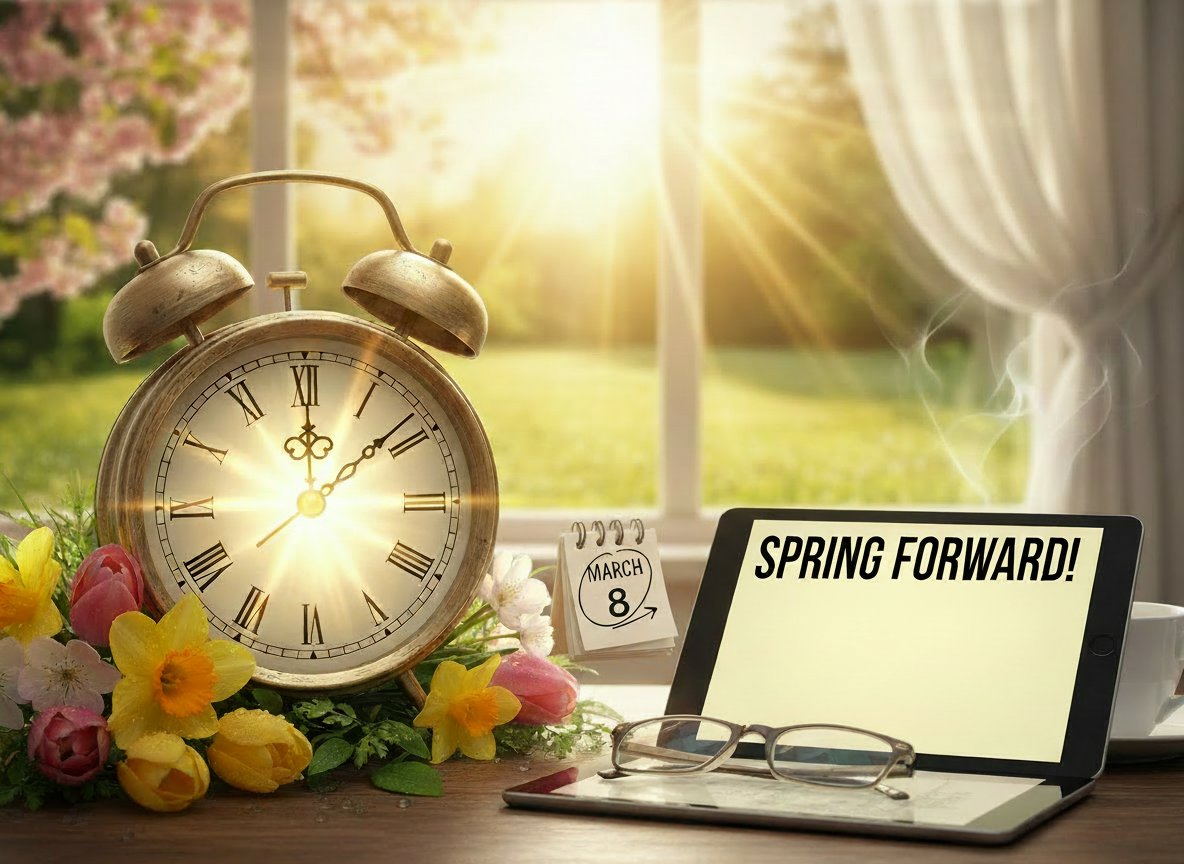 ⏰🌸 Spring forward! Don’t forget to set your clocks ahead 1 hour at 2 AM tomorrow. Daylight Saving Time is here—more daylight, more sunshine! ☀️

#SpringForward #DaylightSaving #HelloSunshine
