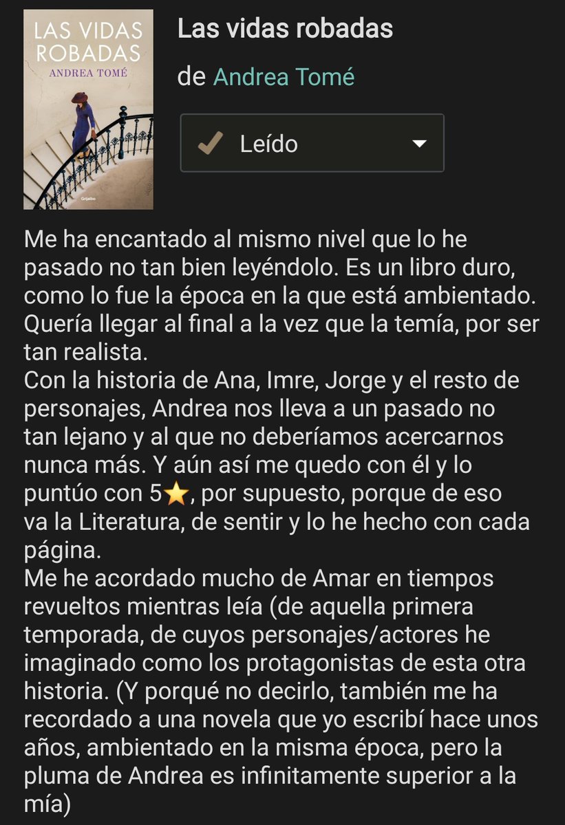 Terminado. Ay, Ana de la Torre, un abrazo muy fuerte para ti🤍 Vaya personaje tan fuerte.
Y <a href="/andreatome_/">andrea 🪬 #LasVidasRobadas YA A LA VENTA</a>, gracias por escribir esta historia y homenajear a los tuyos (a los nuestros) así . Jamás olvidaré todo lo que me ha hecho sentir esta novela.