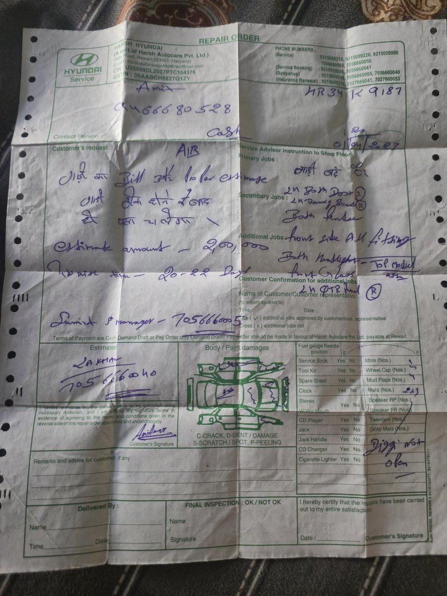 Very poor experience with .
My car HR34 K 9187 has been at Harsh Hyundai Autocare Pvt. Ltd. for 3 years. Estimate was ₹2L, later bill made ₹2.5L and ₹1L advance taken, but car still not repaired.
Please look into this serious issue.