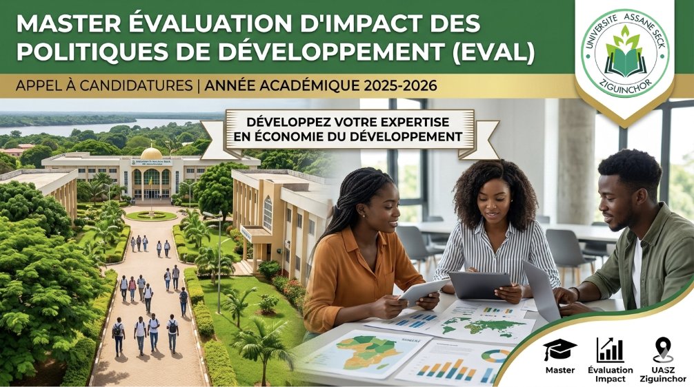 UAS_Ziguinchor's tweet image. 📢 #Appel_à_candidatures : Master Évaluation d'impact des politiques de développement (#EVAL) – #UASZ 2026

Vous souhaitez devenir expert en analyse d'impact ? Rejoignez l'excellence à l'Université Assane Seck de Ziguinchor !

📅 Date limite : 13 mars 2026 
📍 UFR SES, Néma II,