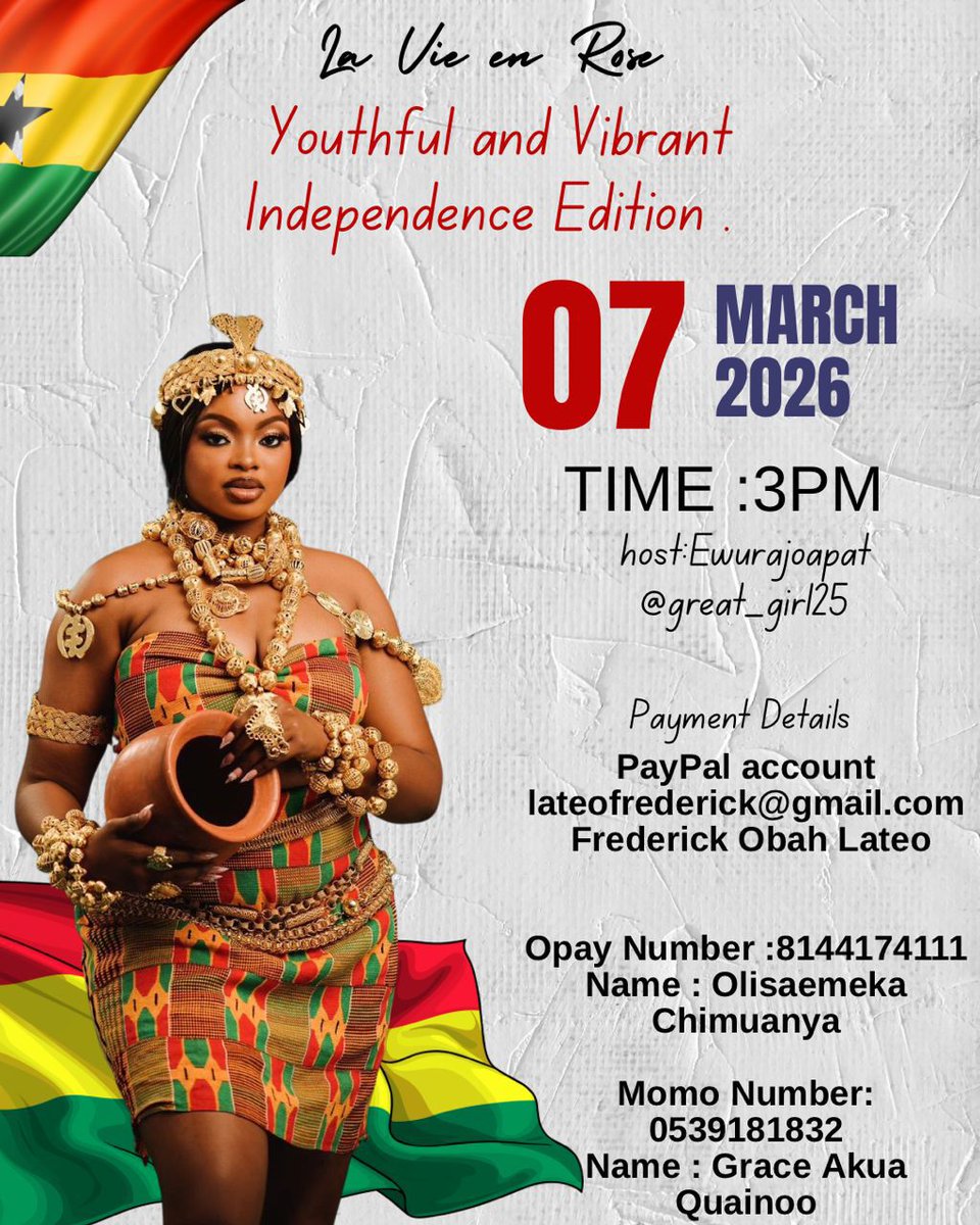 DeRokDynastyHQ's tweet photo. It's todayyyyyyyy🥳🥳....
Please pass by at 3pm on tiktok let's vibe to the "Youthful and vibrant" independence edition of #LaVieEnRose Live agenda.
#RoseOwusuKonadu
#Rosettes #RoseyLovers
#GhanaMonth2026
#GhanaIndependence https://t.co/7TeI0QTpFx