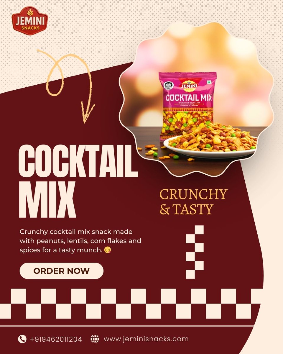 Jemini_001's tweet image. 😋 Crunchy, Spicy &amp;amp; Full of Flavor!

✨ Crunchy &amp;amp; Tasty
🥜 Perfect Tea-Time Snack
🍽️ Ideal for Parties &amp;amp; Daily Munching
Once you start, you won’t stop! 😍
🛒 Order Now

📞 +91 9462011204
🌐 jeminisnacks.com

#JeminiSnacks #CocktailMix #CrunchySnacks #NamkeenLovers