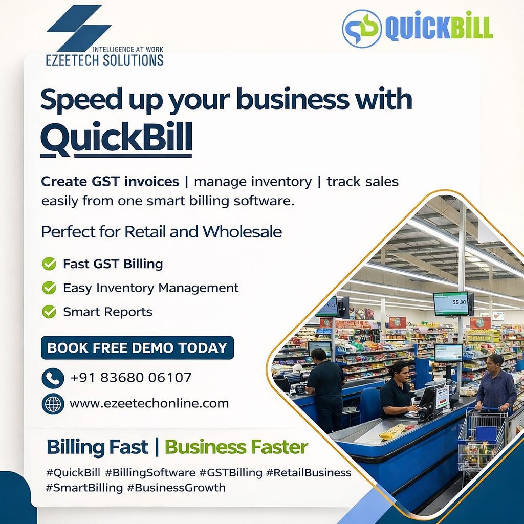 ezeetechonline1's tweet photo. Boost Your Retail Business with QuickBill
Create GST invoices, manage inventory, and track sales easily from one powerful billing software. Perfect for retail and wholesale businesses.
Book your FREE demo Today..
📞 Call Now: 083680 06107
#QuickBill #billingsoftware #GSTBill https://t.co/bx3jBV4xfe