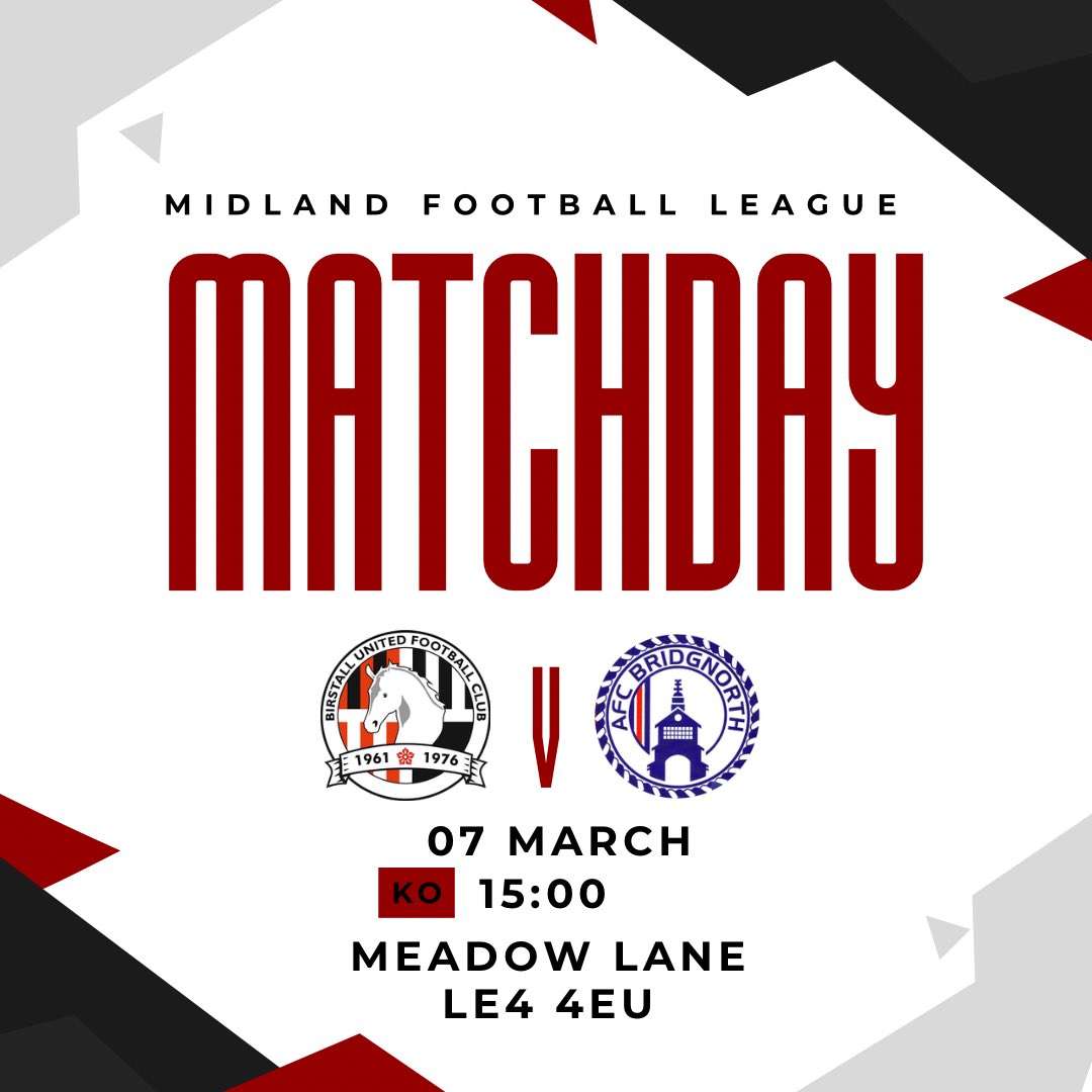 𝐌𝐚𝐭𝐜𝐡𝐝𝐚𝐲

We welcome AFC Bridgnorth to Meadow Lane this afternoon, the lads will be looking to bounce back after a couple of disappointing results! 💪 

So bring a mate and pop on down to Meadow Lane to cheer the boys along as we look to take all 3 points 🤝