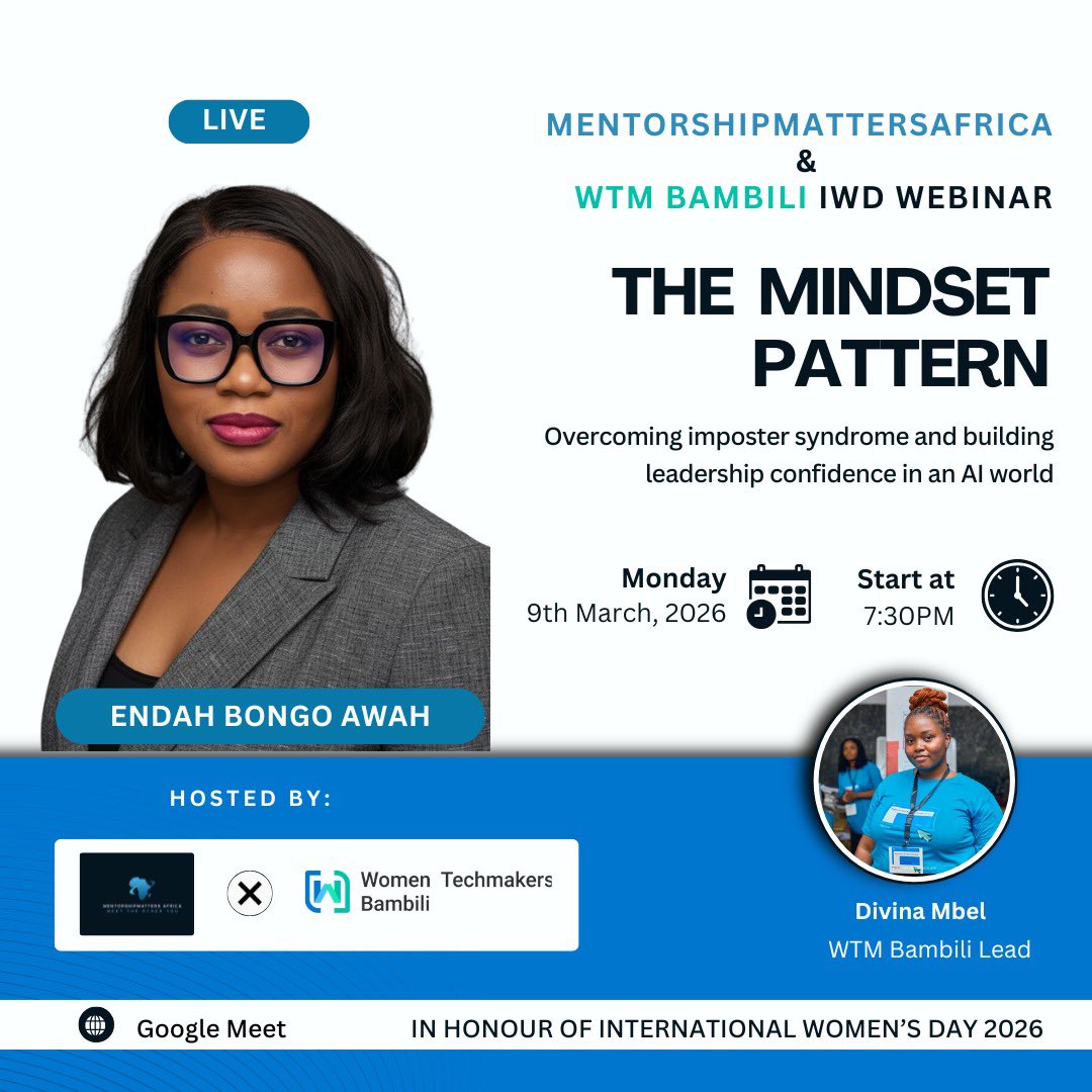 #MentorshipMattersAfrica in collaboration with WTM Bambili invites you to celebrate #InternationalWomensDay2026 with us this year 💙

‼️ 𝐉𝐎𝐈𝐍 𝐓𝐇𝐄 𝐂𝐎𝐍𝐕𝐄𝐑𝐒𝐀𝐓𝐈𝐎𝐍
