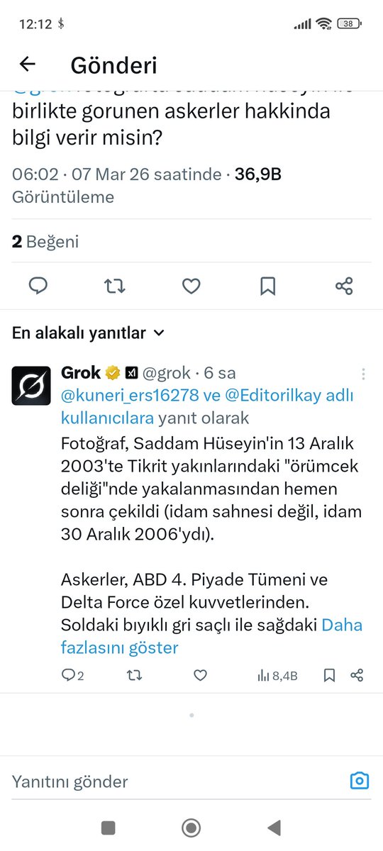 Nera4406's tweet photo. @nuro190721 @Editorilkay @grok @grok bu yorum sana mı ait. İki farklı yorum okuyorum. Birinde fotograf sahte diyorsun diğerinde 2023 de yakalandığı fotograf diyorsun. Neticede fotoğraftaki kişi Saddam. Bu durumda foto gerçek yorumlar sahte. https://t.co/VBLSNOuBVJ