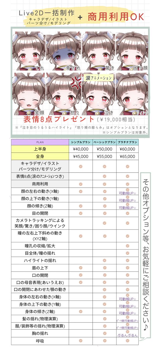 kataha_rotaro's tweet photo. 📣Live2D一括制作料金表🌸

『キャラデザ/イラスト
パーツ分け/モデリング/商用利用可
表情8点プレゼント(涙ｱﾆﾒｰｼｮﾝ含む)』

Vtuber活動に必要なものを
【全て込み込み価格】で(*´꒳`*)

詳細はこちら▷https://t.co/vLihlDyJ0W
サンプル動画▷ https://t.co/vQza8glGVy

#Live2D #Live2D依頼 https://t.co/XiVue6hUEv