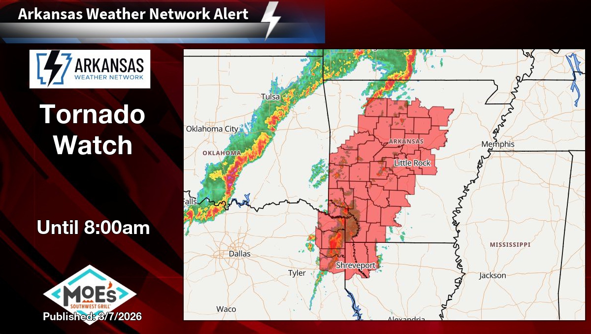 WxZachary's tweet image. Tornado Watch for Clark, Cleburne, Columbia, Conway, Dallas, Faulkner, Garland, Grant, Hempstead, Hot Spring, Howard, Independence, Johnson, Lafayette, Little River, Logan, Lonoke, Miller, Montgomery, Nevada, Newton, Ouachita, Perry, Pike and Polk County in AR until 8:00am.