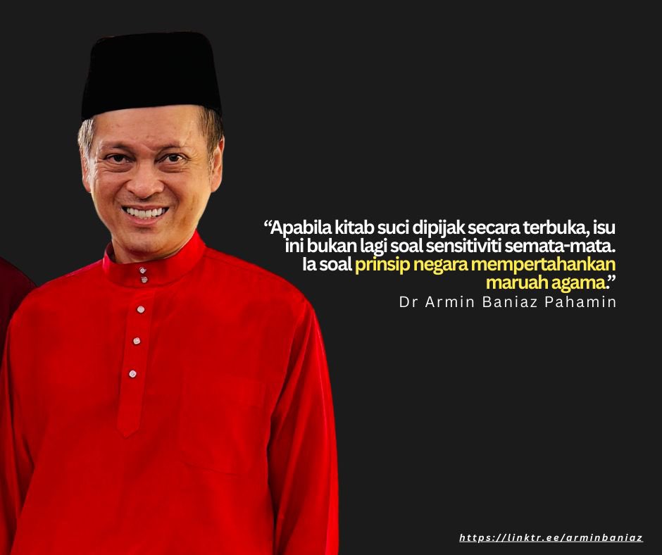 arminbaniaz's tweet photo. “Apabila kitab suci dipijak dan gambarnya disebarkan kepada seluruh negara, rakyat tidak melihatnya sebagai kes biasa. Mereka melihatnya sebagai ujian kepada ketegasan negara mempertahankan maruah agama.”

*RAKYAT TUNTUT KETEGASAN DALAM ISU PIJAK QURAN*
Oleh: Dr Armin Baniaz Pahamin

1. Apabila al-Quran dipijak dan gambarnya disebarkan di media sosial, umat Islam di Malaysia bukan sekadar terasa hati. Mereka melihatnya sebagai satu penghinaan terbuka terhadap agama dan kitab suci yang menjadi asas keimanan mereka.

2. Pihak polis telah bertindak dan individu yang terlibat telah didakwa di mahkamah. Itu adalah langkah yang betul dan wajar dihargai.

3. Namun yang menimbulkan kekecewaan dalam kalangan sebahagian rakyat ialah nada beberapa kenyataan pemimpin kerajaan selepas insiden ini berlaku.

4. Perdana Menteri Datuk Seri Anwar Ibrahim meminta masyarakat agar tidak terlalu emosional dan turut dilaporkan menyifatkan reaksi sebahagian ummah yang terkesan dengan insiden ini sebagai “melalak”, satu istilah yang dirasai seolah-olah menambah luka kepada perasaan umat Islam yang sudah pun tersinggung dengan penghinaan terhadap kitab suci Quran.

5. Menteri di Jabatan Perdana Menteri (Hal Ehwal Agama), Senator Dr Zulkifli Hasan pula menekankan pendekatan pendidikan dan kesedaran.

6. Apabila kitab suci dipijak secara terbuka dan disebarkan secara kepada umum, adakah reaksi negara sepatutnya hanya berbentuk nasihat dan pendidikan?

7. Dalam masa yang sama, Kebawah Duli Yang Maha Mulia Sultan Pahang, Al-Sultan Abdullah Ri’ayatuddin Al-Mustafa Billah Shah telah menitahkan supaya tindakan tegas berlandaskan undang-undang diambil terhadap perbuatan tersebut, sebagai isyarat jelas bahawa penghinaan terhadap agama tidak boleh dipandang ringan.

8. Titah ini mencerminkan kebimbangan yang turut dirasai oleh rakyat bahawa penghinaan terhadap agama tidak boleh dipandang ringan.

9. Saya berdiri bersama Sultan Pahang, ahli-ahli politik, NGO dan rakyat Malaysia yang menuntut supaya tindakan tegas diambil agar kes ini menjadi pengajaran dan teladan, supaya perbuatan seperti ini tidak berulang pada masa hadapan.

10. Ini bukan soal emosi.

11. Ini soal prinsip.

12. Malaysia adalah negara majmuk yang hanya boleh kekal aman jika setiap agama dihormati.

13. Jika penghinaan terhadap kitab suci dibiarkan atau ditangani dengan terlalu berhati-hati, ia akan memberi isyarat yang salah kepada masyarakat.

14. Rakyat tidak meminta tindakan di luar undang-undang.

15. Rakyat hanya mahu melihat undang-undang ditegakkan dengan tegas apabila maruah agama dihina.

16. Kerana keamanan negara ini tidak dibina atas sikap berdiam diri.

17. Ia dibina atas prinsip saling menghormati yang dipertahankan dengan tegas.

Salam hormat
Dr Armin Baniaz Pahamin

Facebook: https://t.co/rrVzyzgQds

Website: https://t.co/ZhlZnL1L2x

TikTok: https://t.co/rszI5sIJQY