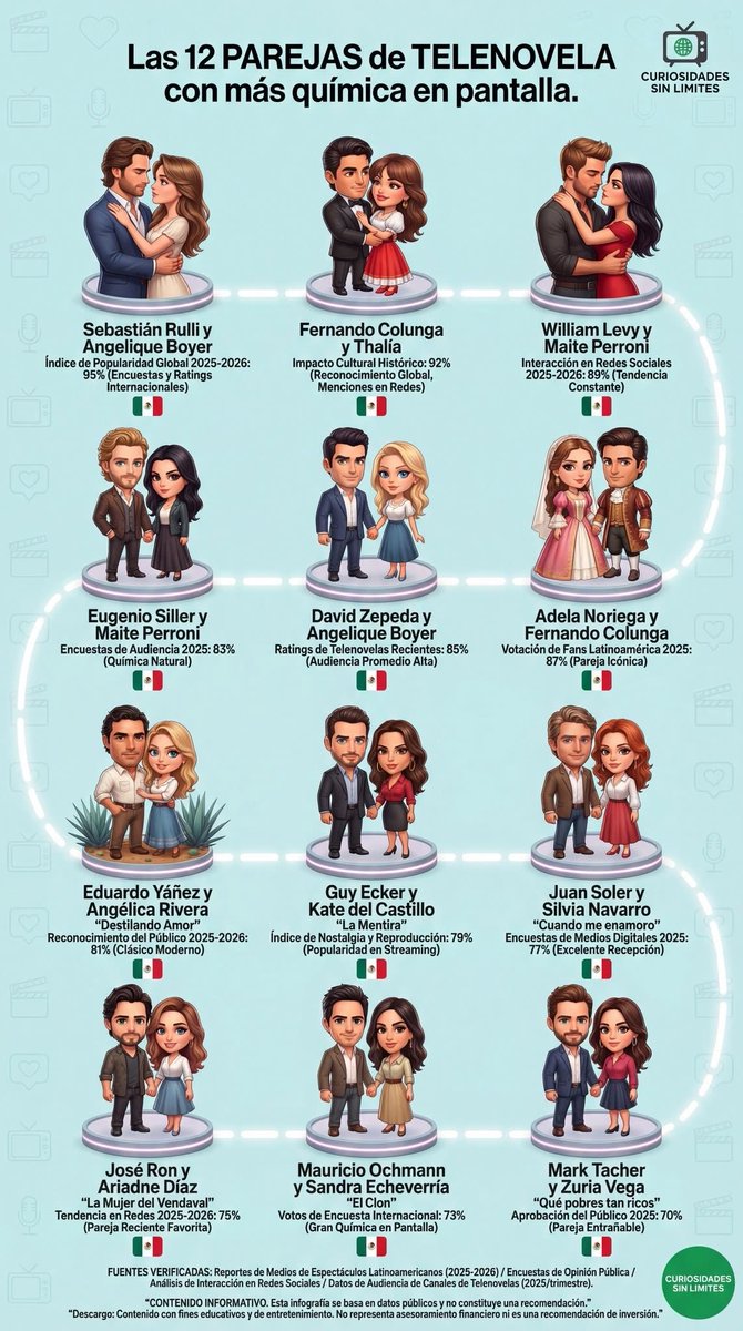 CataPaul2's tweet photo. 👩‍❤️‍👨 🍿 The 12 telenovela couples with the most on-screen chemistry

1.🇲🇽❤️ Sebastián Rulli & Angelique Boyer — Global Popularity Index 2025–2026: 95% (International surveys and ratings)

2.🇲🇽❤️ Fernando Colunga & Thalía — Historical Cultural Impact: 92% (Global recognition, social media mentions)

3.🇲🇽❤️ William Levy & Maite Perroni — Social Media Interaction 2025–2026: 89% (Constant trend)

4.🇲🇽❤️ Eugenio Siller & Maite Perroni — Audience Surveys 2025: 83% (Natural chemistry)

5.🇲🇽❤️ David Zepeda & Angelique Boyer — Recent Telenovela Ratings: 85% (High average audience)

6.🇲🇽❤️ Adela Noriega & Fernando Colunga — Latin American Fan Voting 2025: 87% (Iconic couple)

7.🇲🇽❤️ Eduardo Yáñez & Angélica Rivera — Destilando Amor: 81% (Modern classic recognition, 2025–2026)

8.🇲🇽❤️ Guy Ecker & Kate del Castillo — La Mentira: Nostalgia & Rewatch Index: 79% (Streaming popularity)

9.🇲🇽❤️ Juan Soler & Silvia Navarro — Cuando Me Enamoro: Digital media surveys 2025: 77% (Excellent reception)

10.🇲🇽❤️ José Ron & Ariadne Díaz — La Mujer del Vendaval: Social media trend 2025–2026: 75% (Recent favorite couple)

11.🇲🇽❤️ Mauricio Ochmann & Sandra Echeverría — El Clon: International survey votes: 73% (Great on-screen chemistry)

12.🇲🇽❤️ Mark Tacher & Zuria Vega — Qué Pobres Tan Ricos: Public approval 2025: 70% (Endearing couple)

🖇️ Source: Verified sources — Latin American entertainment media reports (2025–2026), public opinion surveys, social media interaction analysis, and telenovela channel audience data. 

🖍️ Graphic: Curiosidades Sin Límites