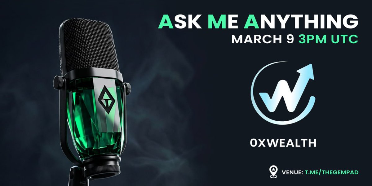 We're proud to announce the AMA with <a href="/0xwealthapp/">0xwealth</a>.
The AMA is taking place on the 9th of March 3pm UTC! 🕗

🎙 Venue: t.me/TheGemPad

✅ Fair launch link: gempad.app/presale/0x4C4d…

🎁  AMA Giveaway 🎁
2x15 USDT for best questions 
2x15 USDT for random listeners

0xwealth
