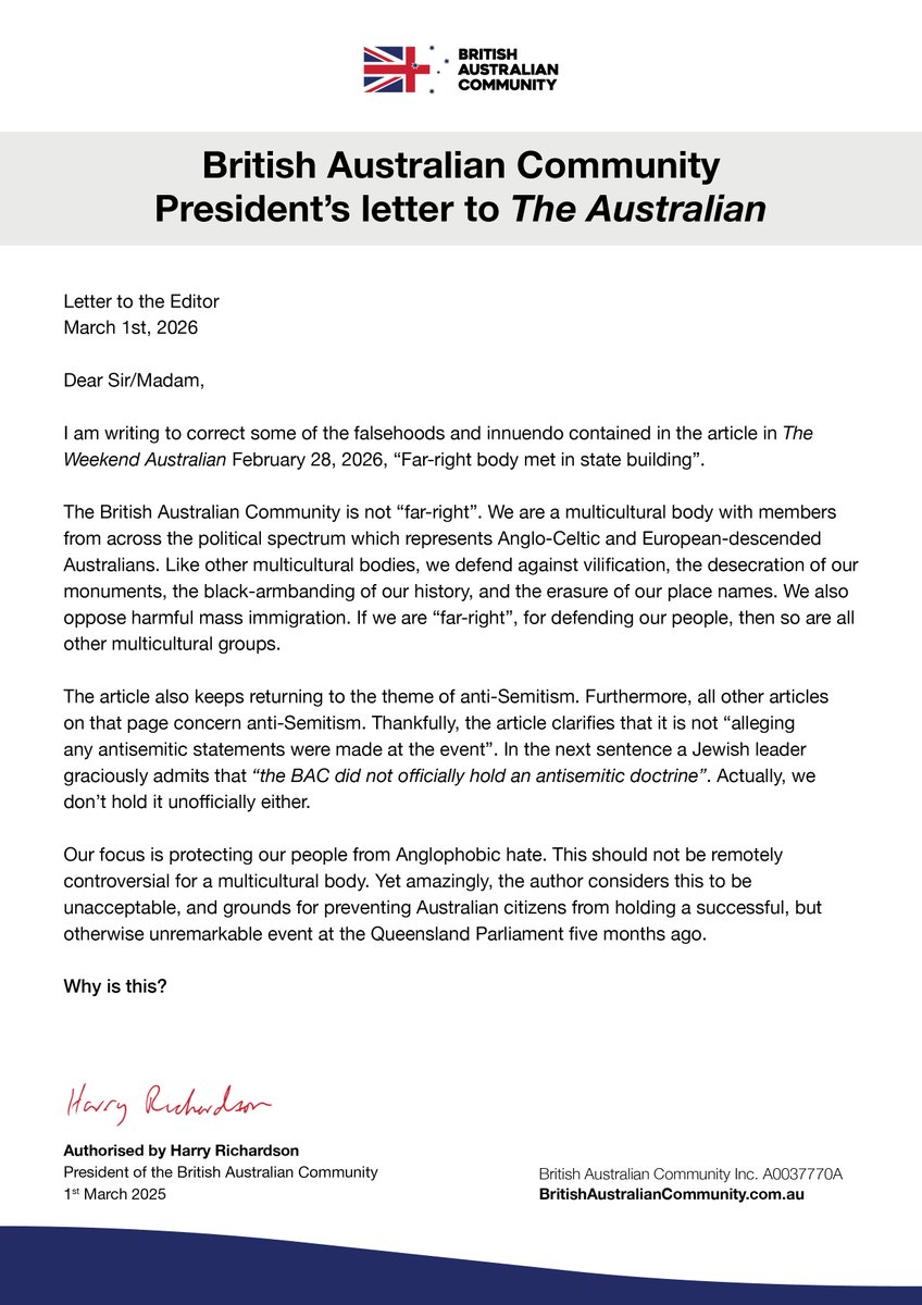 This is the letter sent to 'The Australian' the day after it published the smear article by MacKenzie Scott (28th Feb). The letters editor did not publish our correction, despite Scott's article containing numerous errors of commission and omission.

If Australia's supposed