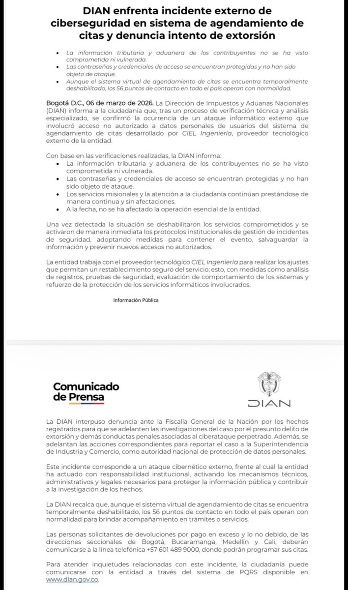 Vicmunro's tweet photo. Mientras el presidente Petro da discursos sobre “proteger los datos de los colombianos” y demoniza que el sector privado tenga información, resulta que los sistemas del propio Gobierno son hackeados y terminan en manos de ciberdelincuentes.

La DIAN confirma acceso no autorizado a datos de usuarios y hasta intento de extorsión.

Mucho discurso contra el sector privado y muy poca ciberseguridad para proteger las bases de datos más sensibles del país.

Al final, el mayor riesgo para los datos de los colombianos no parece ser el mercado… sino la incompetencia del gobierno Petro.