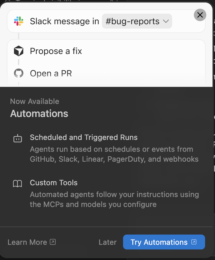 aditya_dst's tweet photo. Cursor just launched automations! 

Seems like once a use cases get validated (i.e. openclaw, perplexity computer), other tools seem to follow and it ends up being available to everyone. https://t.co/cagXsfS2ig