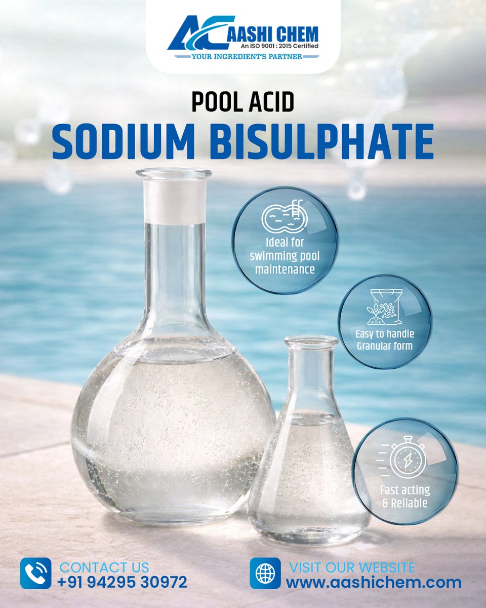 aashi_chem's tweet image. Cleaner pools start with the right chemistry 💧
Sodium Bisulphate ensures balanced water and effective pool maintenance. 

Visit us at 🌐 aashichem.com

#AashiChem #PoolChemicals #WaterTreatment #SodiumBisulphate #IndustrialChemicals