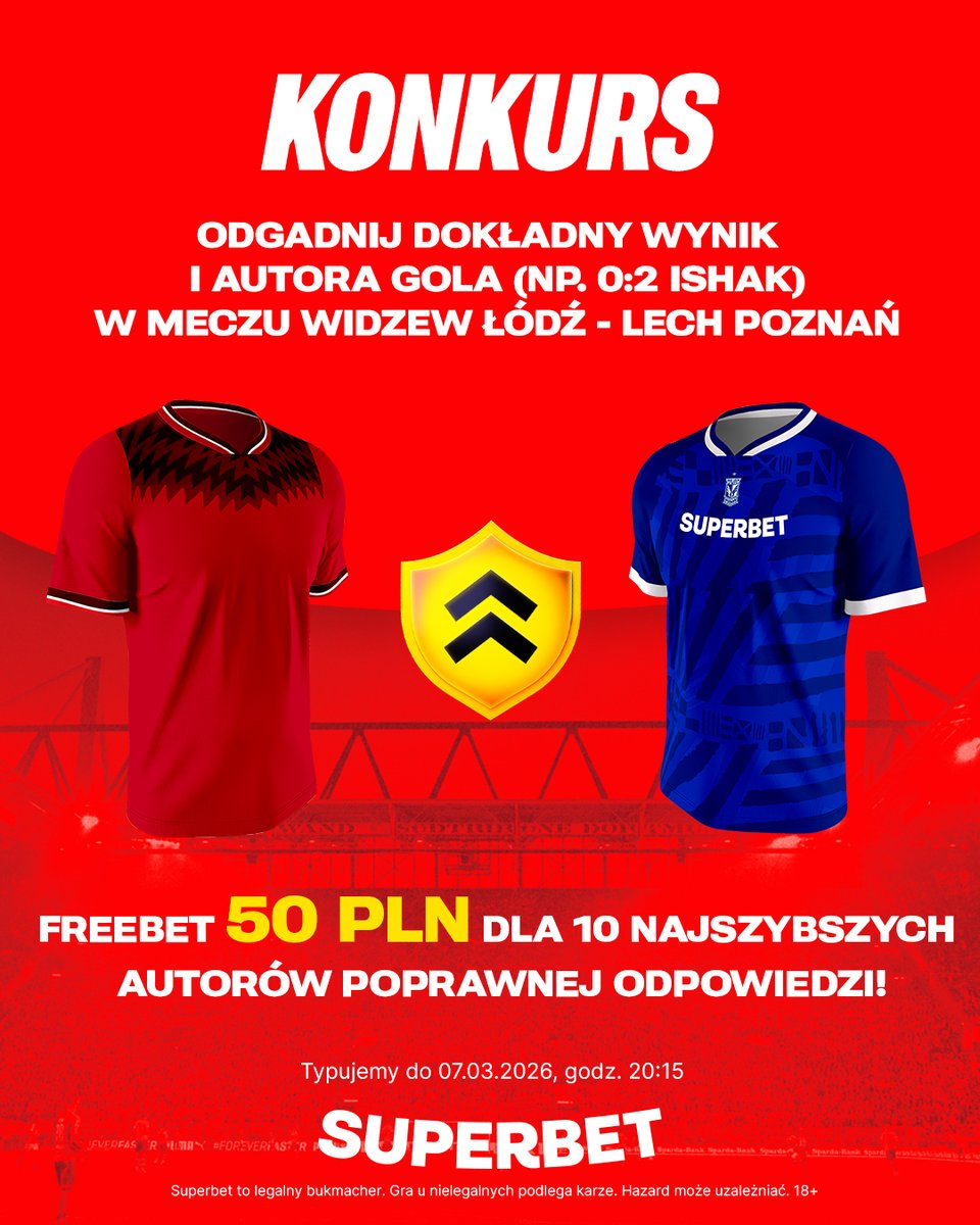 SuperbetPL's tweet photo. #KONKURS! Wytypuj w odpowiedziach dokładny wynik oraz autora gola ⚽️ w meczu Widzew - Lech i zgarnij freebet! #WIDLPO 

-- 
✅ Zaobserwuj @SuperbetPL 
❤️ Polub wpis i 🔄 podaj go dalej 
👤 Dodaj nick z Superbet 
🎁 Nagroda = FREEBET 50 PLN 
Regulamin: https://t.co/yqBgdYL4uC https://t.co/Jz7zVcnx16