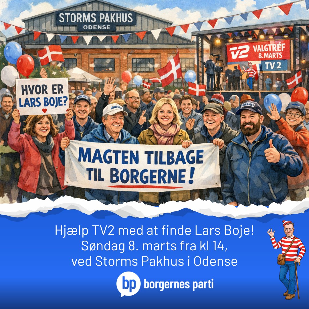Borgernesparti's tweet photo. HVOR ER LARS BOJE?

Ja, han må være blevet væk, for TV 2 kan i hvert fald ikke finde ham. De har i hvert fald ikke inviteret ham med til deres 'valgtræf', hvor stort set alle andre partiformænd og tv-værter og deres såkaldte eksperter er med.

Men ja, altså ikke @LBMathiesen 

Skal vi ikke hjælpe dem med at lede?

Vi er i hvert nogle, der kommer til Odense på søndag den 8. fra kl. 14.00, hvor vi både vil hjælpe TV2's med at finde Boje, så han kan komme med i duellen med de to andre statsministerkandidater.

For er det ikke absurd, at TV2 afholder en 'statsministerduel' mellem to kandidater, som lige nu er med i regeringen?

Hvad pokker er meningen med det?!

Mød også nogle af vores andre folketingskandidater fra Fyn og Jylland, samt en masse af de gode danskere, som har fået nok af mediernes magt over dagsordenen.

Kom og hjælp os, så vi kan få MAGTEN TILBAGE TIL BORGERNE