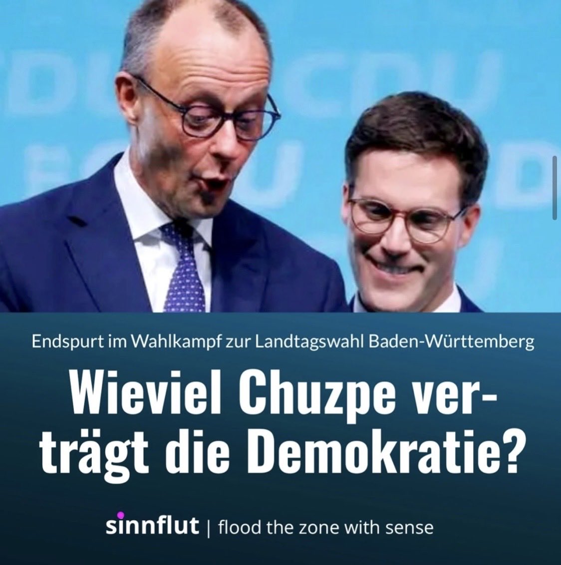 1/
#CDU - frei rechtsdrehend bis zum blau werden!?

________________________

„Es gibt einen Moment in politischen Kampagnen, der mehr über den Zustand unserer Demokratie verrät als jede Meinungsumfrage. Es ist der Moment, in dem ein Politiker einen belegbaren Fakt über seinen