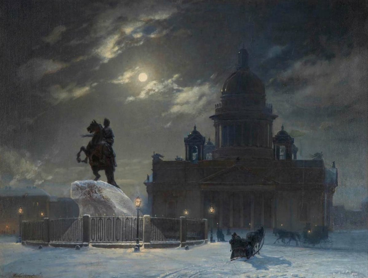 View of the Monument to Peter I on Senate Square in St. Petersburg is a seminal 1870 oil-on-canvas painting by Vasily Surikov. It is recognized as his first significant completed work.
#sd_painting