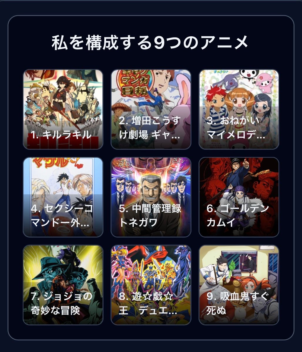 #私を構成する9つのアニメ

1. キルラキル
2. ギャグマンガ日和
3. おねがい マイメロディ すっきり♪
4. セクシーコマンドー外伝 すごいよ!! マサルさん
5. 中間管理録トネガワ
6. ゴールデンカムイ
7. ジョジョの奇妙な冒険
8. 遊☆戯☆王　DM
9. 吸血鬼すぐ死ぬ

tlpt-telepath.github.io/9-animes/
