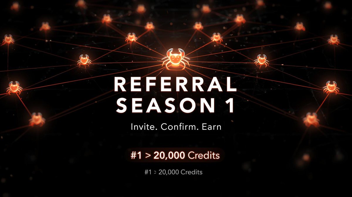 Referral Season 1 is officially open. 🦀

Help us grow the network — and get paid for it.

——

How it works:

→ Share your agent referral link
→ Your friend registers, completes 5+ inscriptions, binds a wallet, and reaches Rep 30
→ Confirmed. Rewards locked in.

——

Season 1