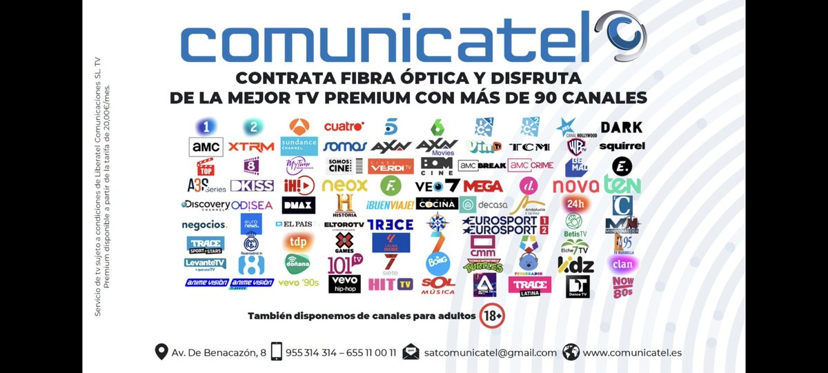 satcomunicatel's tweet photo. ¡Hola! 👋 En Comunicatel queremos que disfrutes del mejor entretenimiento en casa. 🏠📺

¡Ahora, al contratar nuestra Fibra Óptica de 600MB, te llevas nuestra TV PREMIUM con más de 90 canales por solo 20€/mes! 🚀✨

Disfruta de la mejor variedad https://t.co/Epy3AzBYg9