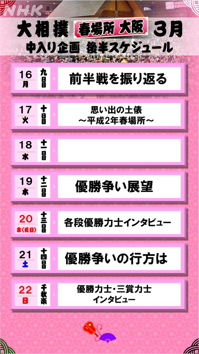 🌸あすからいよいよ #春場所 🌸

中入りの企画はこちらです👇

年に一度の大阪場所
地元の話題が盛りだくさん！
ゲストは元阪神タイガース監督の #岡田彰布 さん 🐯
関取訪問は大阪出身の #朝紅龍 🐉

大相撲中継は #NHKONE でお手元のスマホなどでもご覧いただけます
web.nhk/tv/pl/series-t…

#sumo