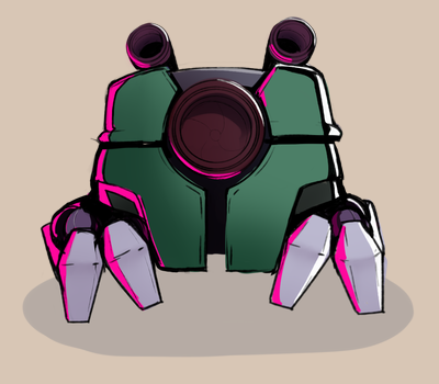 ラフもなしで適当に10分くらいで描いてみたけれど
・・・
完璧ですね。

真ん中になんか発射できそうなのがあって
周りは金属の板みたいなので覆ってて開きそうで、
足はガシャガシャ動きそうな感じで。
って描いていったので構造は謎です(適当)

ただ見た目はボスより雑魚敵な気が・・・。 