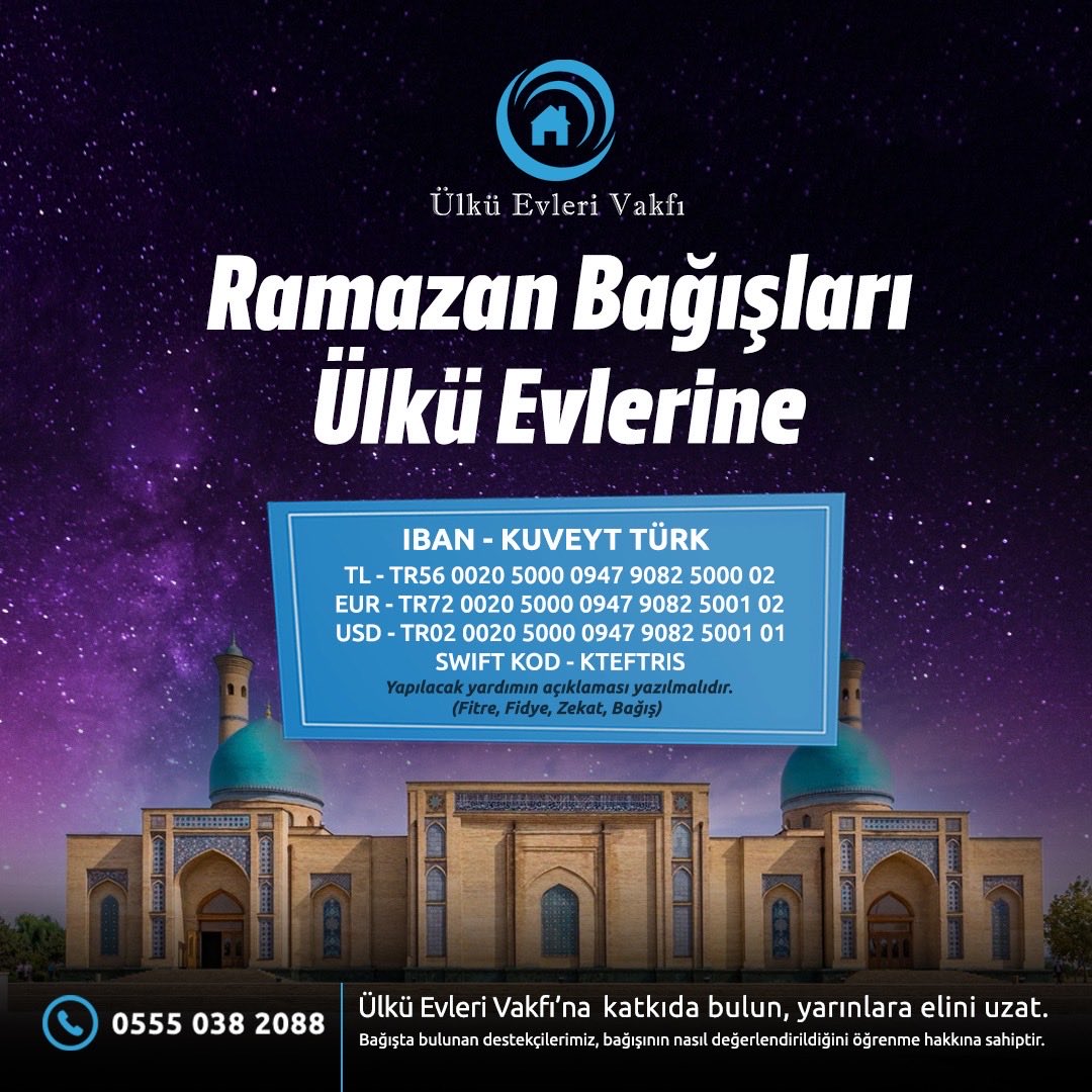 📍Ülkü Evleri Vakfı 
"Türklük gurur ve şuuru ile İslam ahlak ve faziletine sahip nesilleri destekler “ 
Ramazan 🌙 bağışlarınız için 👇