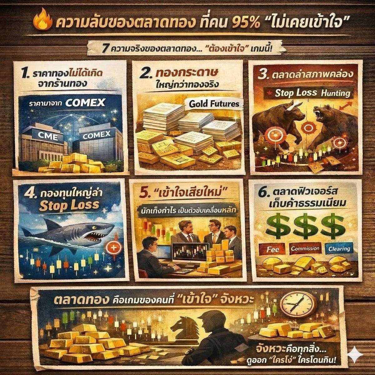 machao_stock's tweet photo. 🔥 ความลับของตลาดทอง ที่คน 95% ไม่เข้าใจ
ถ้าคุณเคยเทรดทอง
 คุณอาจเคยเจอเหตุการณ์แบบนี้
ซื้อ → ราคาลง
ขาย → ราคาขึ้น
ตั้ง Stop Loss → โดนกินก่อน      แล้วราคาวิ่งไปทางเดิม
หลายคนเลยสรุปว่า
“ตลาดทองมันหลอก!”
แต่ความจริงคือ…
เราแค่ยังไม่เข้าใจเกมของตลาด
นี่คือ 7 ความจริงของตลาดทอง
 ที่คนส่วนใหญ่จะเข้าใจ…หลังจากจ่ายค่าเทอมให้ตลาดไปแล้ว
1️⃣ ราคาทองไม่ได้เกิดจากร้านทอง
หลายคนคิดว่า
ร้านทองเป็นคนตั้งราคา
แต่ความจริงคือ
 ร้านทองทั้งโลกดูราคาจากตลาดเดียวกัน
นั่นคือ
COMEX
ซึ่งเป็นส่วนหนึ่งของ
Chicago Mercantile Exchange
พูดง่าย ๆ
ร้านทองไม่ได้ตั้งราคา
 ร้านทอง “ตามราคา”
และราคานั้นมาจาก
 สนามเก็งกำไรระดับโลก
2️⃣ ทองที่เทรดกัน…ส่วนใหญ่ไม่ได้มีอยู่จริง
หลายคนคิดว่าการเทรดทอง
 คือการซื้อทองจริง
แต่ในตลาดจริง
 สิ่งที่ซื้อขายกันคือ
สัญญา
เช่น
Gold Futures
หรือกองทุนทองอย่าง
SPDR Gold Shares
ปริมาณ “ทองกระดาษ”
ใหญ่กว่าทองจริงหลายเท่า
เหมือนคาสิโนที่ใช้ชิป
 แทนเงินสด
3️⃣ ตลาดทองคือสนามล่าสภาพคล่อง
หลายครั้งราคาทองพุ่งแรง
 หรือร่วงแรง
ไม่ใช่เพราะข่าว
แต่เพราะ
Stop Loss
ตลาดรู้ว่า
 สภาพคล่องอยู่ตรงไหน
และบางครั้งราคาจะถูกดันไป
เพื่อ “กวาด Stop”
ก่อนจะวิ่งจริง
นี่เรียกว่า
Liquidity Hunt
4️⃣ กองทุนใหญ่ไม่ได้คิดเหมือนรายย่อย
รายย่อยมักคิดว่า
ราคาจะขึ้น หรือ จะลง
แต่กองทุนใหญ่คิดว่า
สภาพคล่องอยู่ตรงไหน
พวกเขามองตลาดเหมือน
สนามล่า
และ Stop Loss
 คือเหยื่อ
5️⃣ ข่าวไม่ใช่ตัวขับเคลื่อนเสมอไป
หลายคนเชื่อว่า
ทองขึ้นเพราะ
เงินเฟ้อ
สงคราม
ค่าเงิน
แต่ในระยะสั้น
สิ่งที่ขับเคลื่อนราคาจริง ๆ คือ
Position ของนักเก็งกำไร
เมื่อคนถือ Buy มากเกินไป
 ตลาดอาจลง
เมื่อคนถือ Sell มากเกินไป
 ตลาดอาจขึ้น
6️⃣ ตลาดฟิวเจอร์ส…เก็บเงินจากทุกคน
ทุกครั้งที่มีการเปิดสัญญา
ตลาดจะเก็บ
ค่าธรรมเนียม
ค่าคอมมิชชั่น
ค่า Clearing
ไม่ว่าคุณจะ
กำไร หรือ ขาดทุน
ตลาดก็ได้เงิน
เหมือนคาสิโน
ที่ไม่ต้องเล่นเอง
 แต่กำไรทุกวัน
7️⃣ ตลาดทองคือเกมของ “จังหวะ”
มือใหม่พยายาม
ทำนายราคา
แต่มืออาชีพพยายาม
อ่านจังหวะตลาด
พวกเขาดู
โครงสร้างราคา
พฤติกรรมผู้เล่น
จุด Exhaustion
เพราะในตลาดจริง
คนที่รวยที่สุด
 ไม่ใช่คนที่เดาถูกที่สุด
แต่คือคนที่
เข้าใจเกม
บทสรุป
ตลาดทองไม่ใช่เกมง่าย ๆ
มันคือ
สนามของกองทุน
สนามของฟิวเจอร์ส
สนามของสภาพคล่อง
และเมื่อคุณเข้าใจสิ่งนี้
คุณจะเริ่มเห็นว่า
ราคาทองไม่ได้วิ่งสุ่ม
แต่มันวิ่งตาม
พฤติกรรมของผู้เล่นในตลาด
ถ้าคุณอยู่ในตลาดทองมานานพอ
 คุณจะเริ่มเข้าใจประโยคนี้
ตลาดไม่ได้สร้างมา
 เพื่อให้ทุกคนรวย
แต่มันถูกสร้างมา
 เพื่อให้
คนที่เข้าใจเกม…อยู่รอด
#GOLD #ราคาทอง #CMEม้าเฉียว #atlaskingmidas