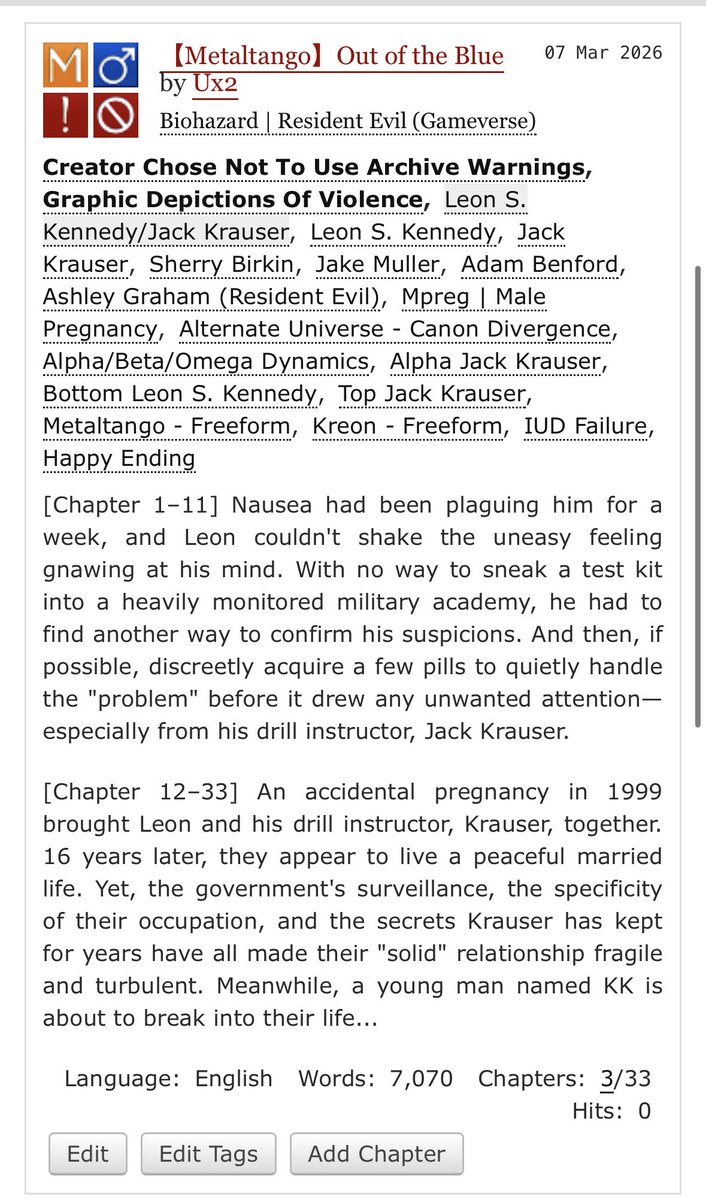 Hey everyone!  If you've been interested in my fanart of KK (Krauser &amp; Leon’s son), the English ver of my fanfic【Out of the Blue】(work ID: 80777841) is now up on AO3! 🎉 It’s a canon-divergent story with a Happy Ending. Check it out #kreon #metaltango #LeonKennedy #JackKrauser